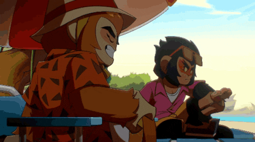 a couple of cartoon characters sitting under an umbrella on a beach
