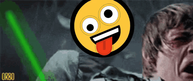 a yellow smiley face with a red tongue sticking out and the word orbo on the bottom