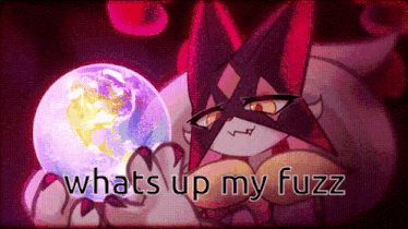a cartoon of a cat holding a globe with the words whats up my fuzz