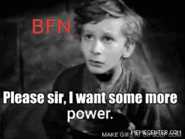 a black and white photo of a boy with the words please sir i want some more power on the bottom