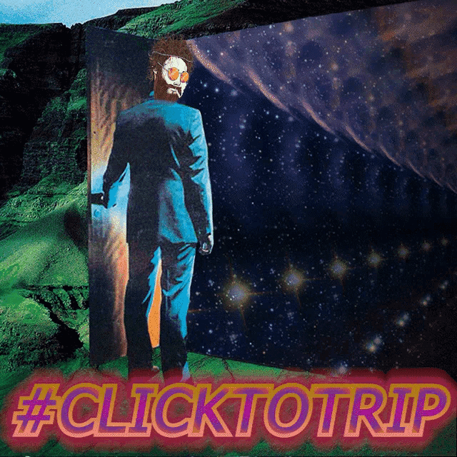 a man in a suit with a skull on his face is standing in front of a painting that says click to trip
