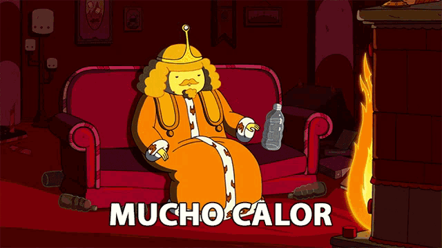 a cartoon of a king sitting on a couch with mucho calor written on the bottom