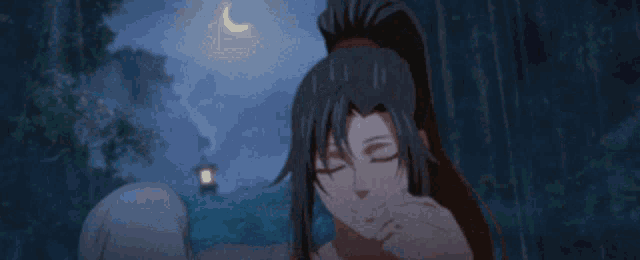 a cartoon character with long black hair and a ponytail is smiling .