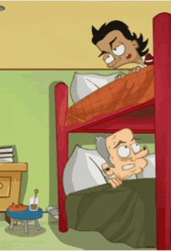 a cartoon of a man in a bunk bed talking on a phone