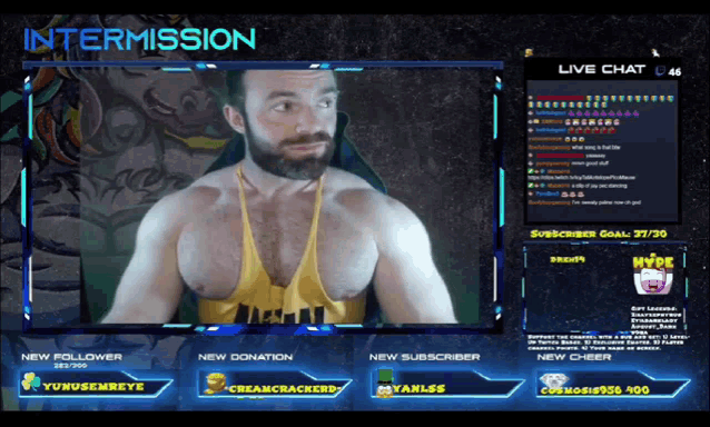 a man with a beard is on a screen with the words intermission
