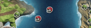 a map with a few skulls on it and a river