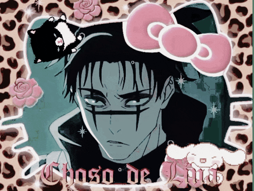 a drawing of a man with a hello kitty bow on his head and the words choso de lina on the bottom