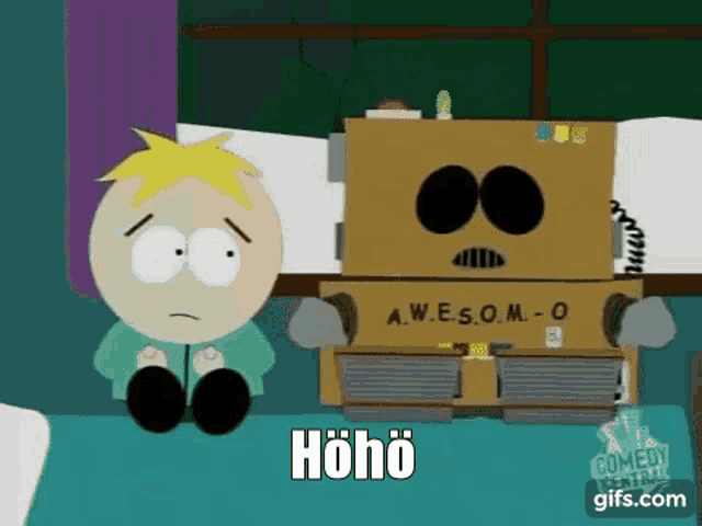 a cartoon character from south park is sitting next to a cardboard box that says hohe .