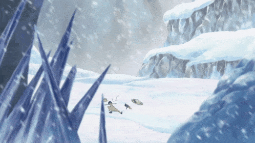 a painting of a snowy landscape with ice and a person laying on the ground