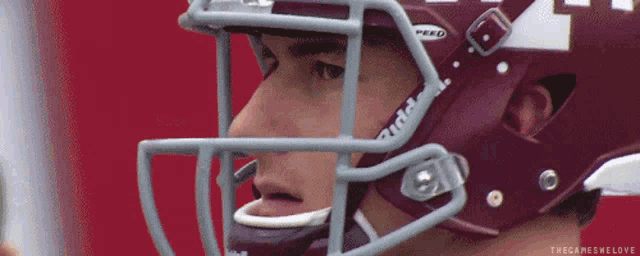 a close up of a football player 's helmet with the words the games we love below it