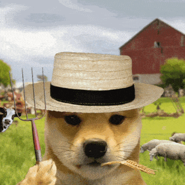 a dog wearing a straw hat is holding a fork and eating wheat