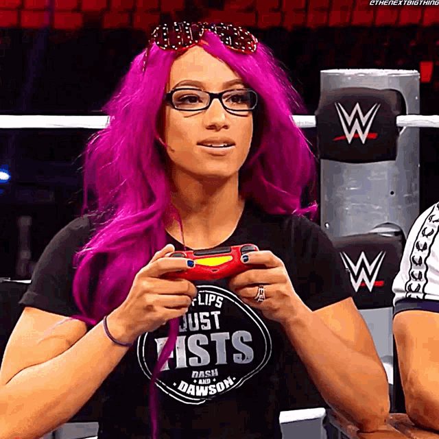 a woman with purple hair and glasses is wearing a shirt that says just a dash of dawson