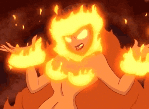 a cartoon character is surrounded by flames and has a fireball coming out of her chest .