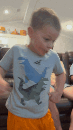 a young boy wearing a t-shirt that has a dinosaur on it