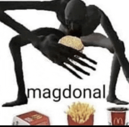 a black monster is eating a hamburger with a fork and french fries .