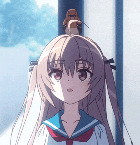 a girl with a bird on her head looks at the camera