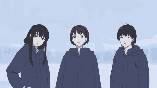 three anime characters standing next to each other with one saying " whoa scary "