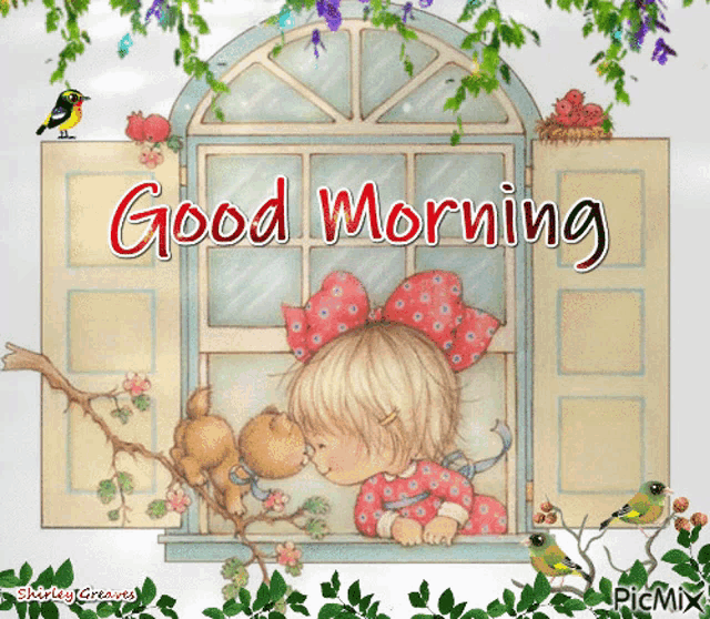 a girl is kissing a teddy bear in a window with the words good morning