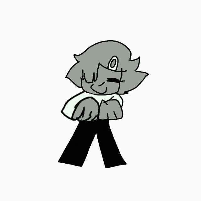 a cartoon character with blue hair and a pink eye is standing with her hands outstretched .