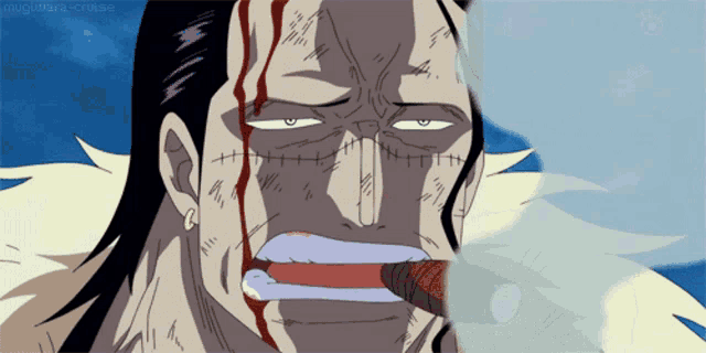 a man with blood on his face is smoking a cigar and has a piercing in his left ear