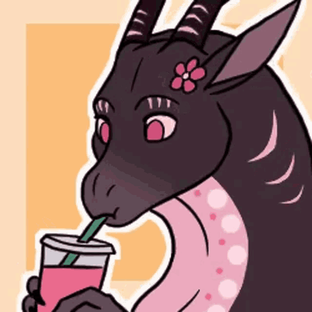 a dragon with a flower on its head is drinking a pink drink through a straw .