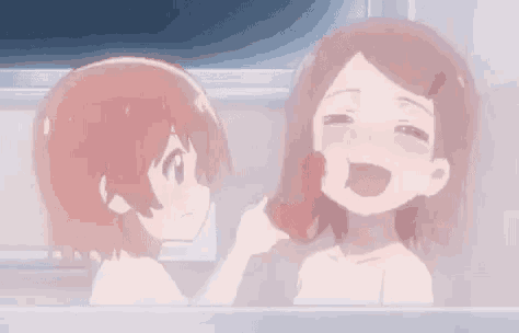 two anime girls are taking a bath together and one of them is holding a red cup .
