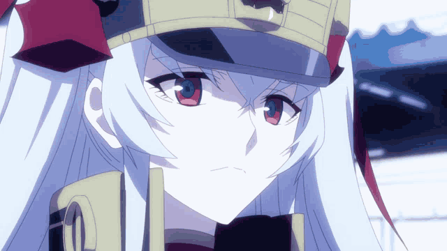 a girl with white hair and red eyes wears a hat