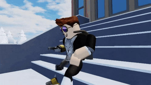 a cartoon character is walking down a set of stairs and holding a gun