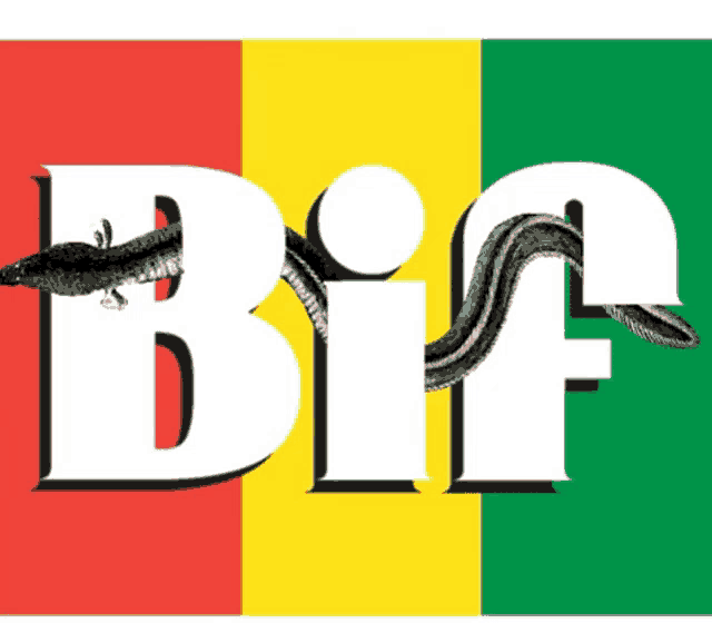 a logo for bif shows a lizard on a yellow green and red background