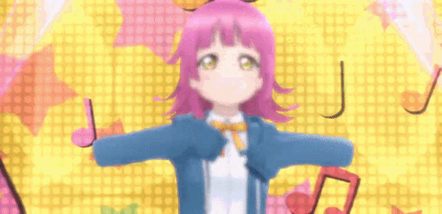 a girl with pink hair and yellow eyes is dancing in front of a yellow background