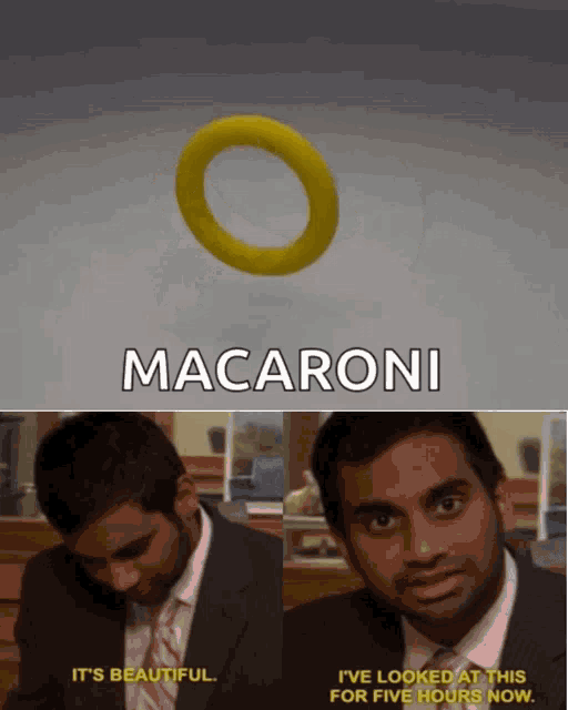 a man in a suit and tie is talking on a cell phone next to a picture of macaroni