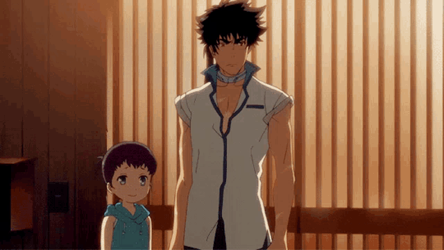 two anime characters standing next to each other in front of a wooden fence