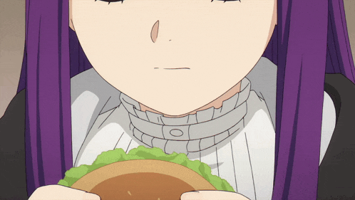 a woman with purple hair is eating a hamburger