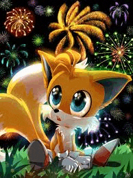 tails the fox is sitting in the grass with fireworks in the background .