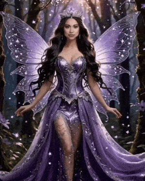 a fairy wearing a purple dress and a crown