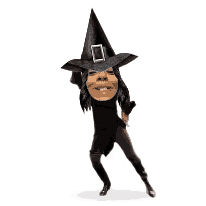 a woman in a witch costume is dancing on a white background