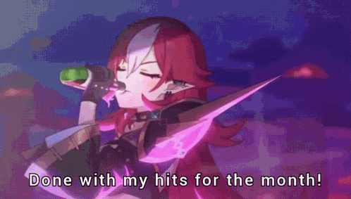 a girl with red hair is holding a sword and a microphone and says done with my hits for the month