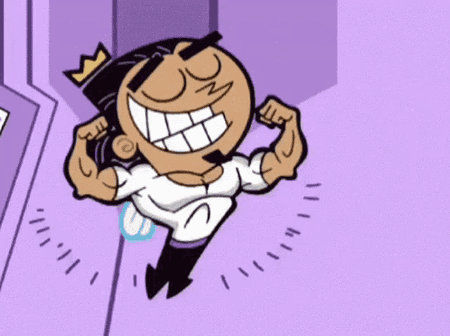 a cartoon character is flexing his muscles while wearing a crown .
