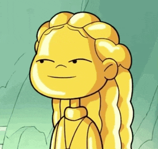 a cartoon character with long blonde hair and a turtleneck
