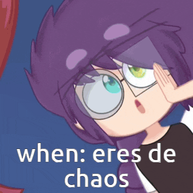 a cartoon of a girl with purple hair and glasses says when eres de chaos