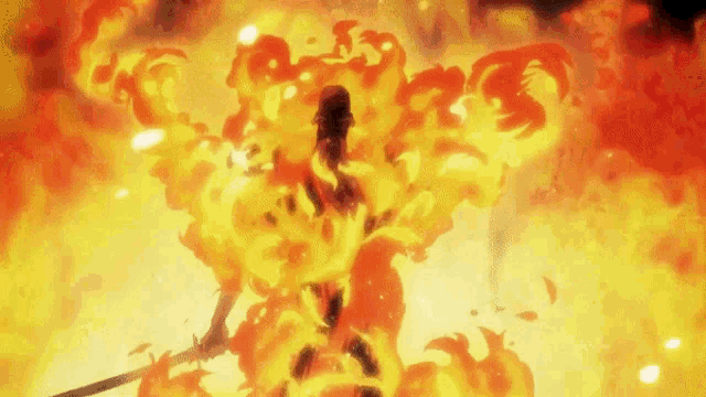 a cartoon character is surrounded by flames and holding a sword