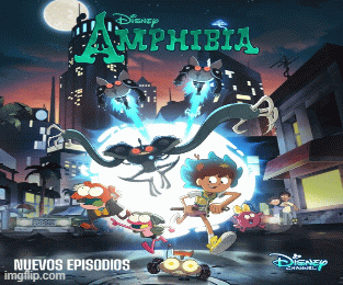 a poster for disney channel 's amphibia shows a group of cartoon characters
