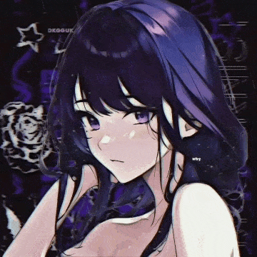 a girl with purple hair and purple eyes has the word why on her chest