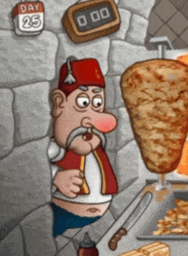 a cartoon of a man holding a knife next to a kebab and a calendar that says day 25