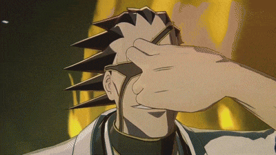 a cartoon character with spikes on his hair covering his eyes with his hand
