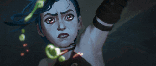 a girl with blue hair and red eyes is holding a green liquid in her hand