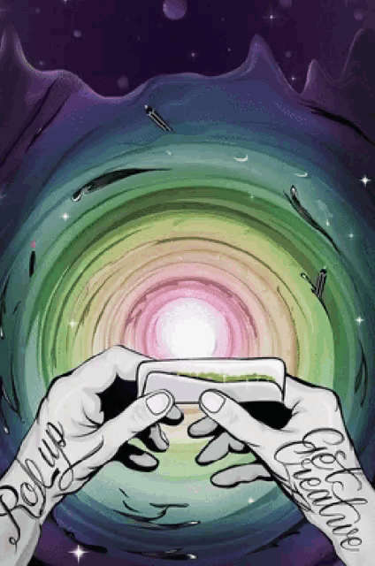 a drawing of a person holding a cell phone with the words roll up get creative on their wrists
