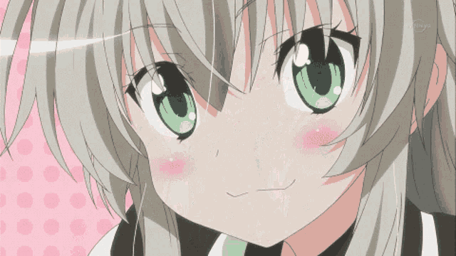a close up of a girl with green eyes and gray hair