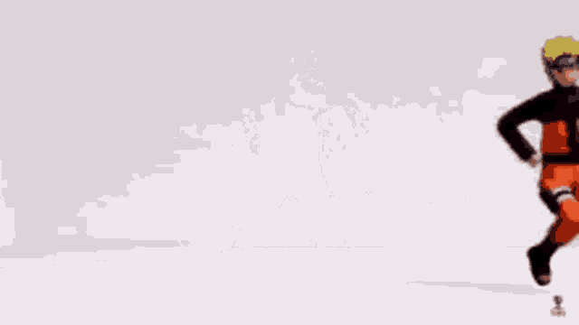 a cartoon character from the anime naruto is dancing on a white background .