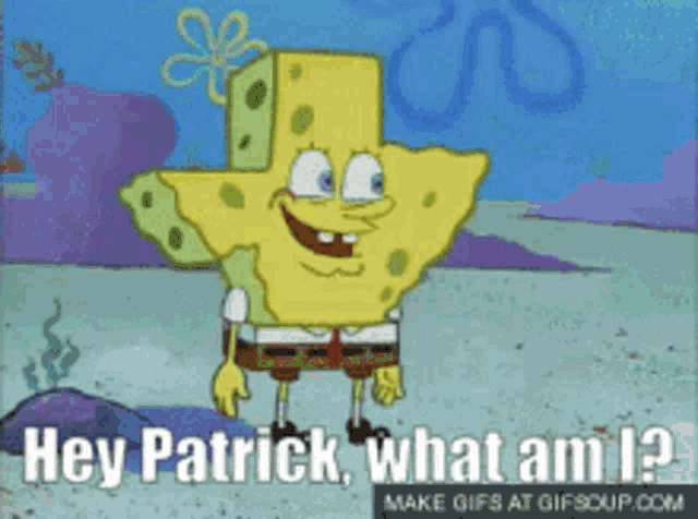 a cartoon of spongebob saying hey patrick what am i?
